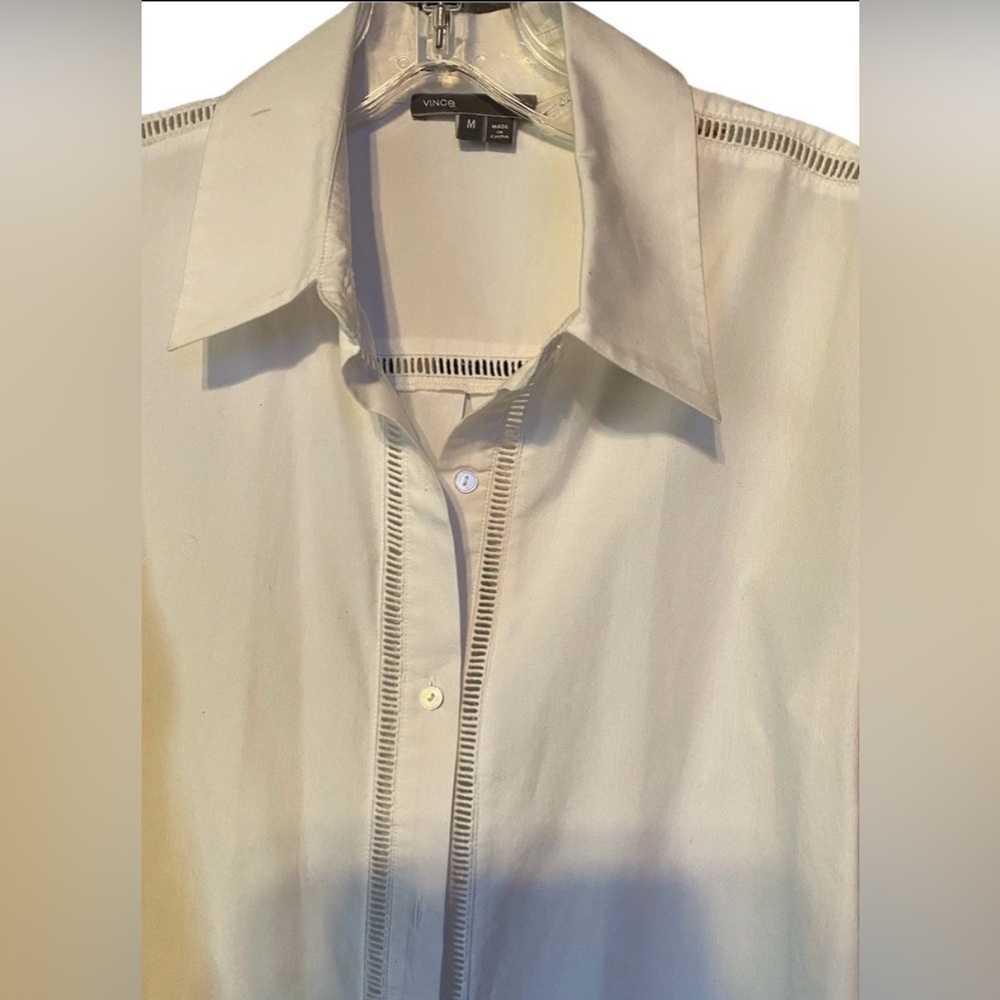 Vince White 100% Cotton Button Down Shirt Med Embroidered Trim Breathable Blouse - Picture 5 of 8